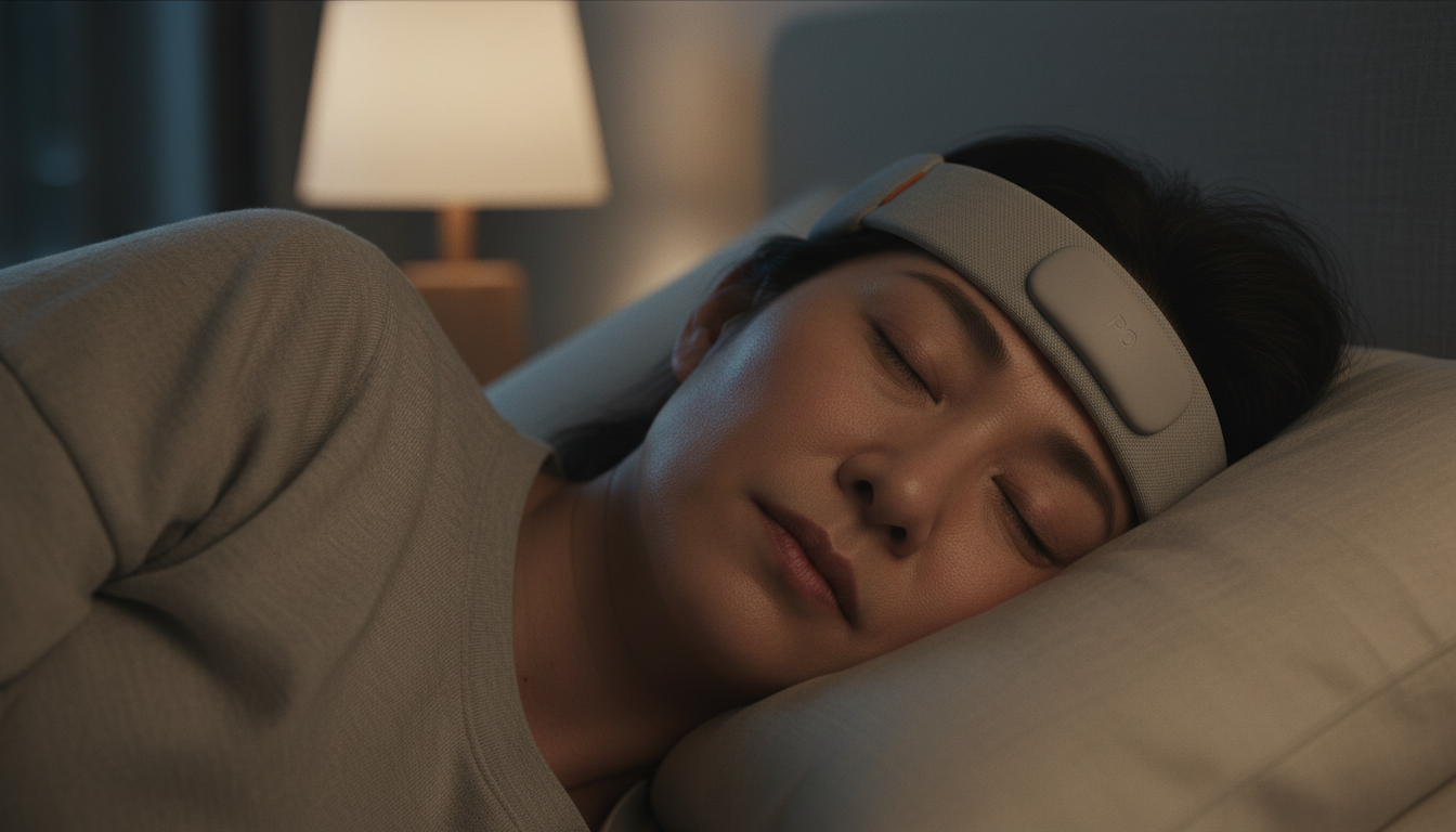 A person resting comfortably while wearing a soft qBand headband